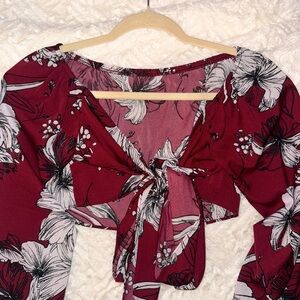 Floral Burgundy Tie-Front Top